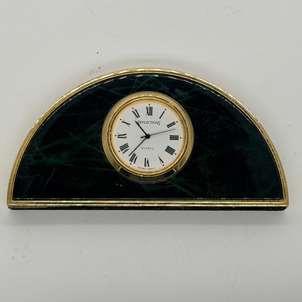 Quartz Mantel Desk Clock Marble Gold Tone Fresh Battery 4 1/2 Inch Long Heavy